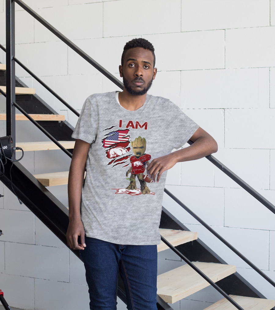 I Am Arkansas Baby Groot Razorbacks Football USA Flag T-Shirt