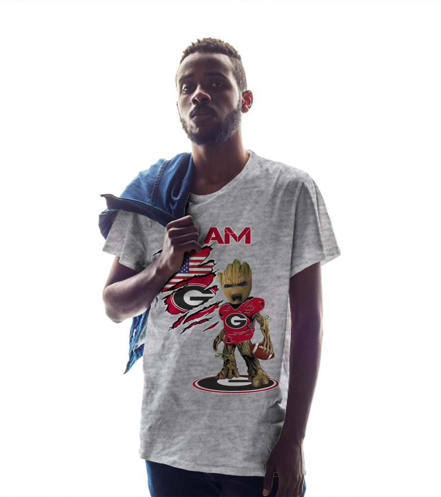 I AM Bulldogs Baby Groot Football Fan USA Flag T-Shirt