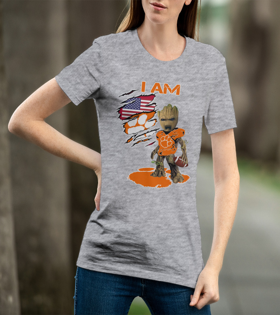 I AM Clemsons Baby Groot American Flag Football Paw Prints T-Shirt