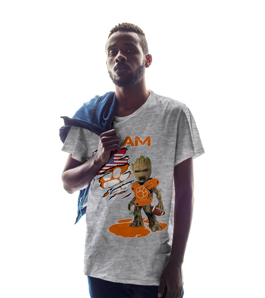 I AM Clemsons Baby Groot American Flag Football Paw Prints T-Shirt