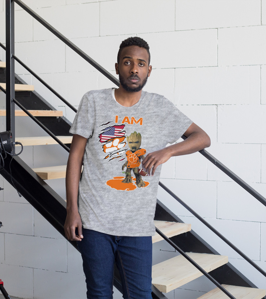 I AM Clemsons Baby Groot American Flag Football Paw Prints T-Shirt