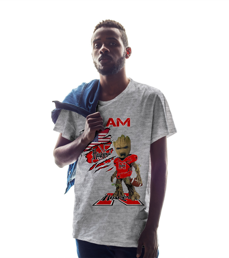 I Am Husker Baby Groot Football USA Flag T-Shirt