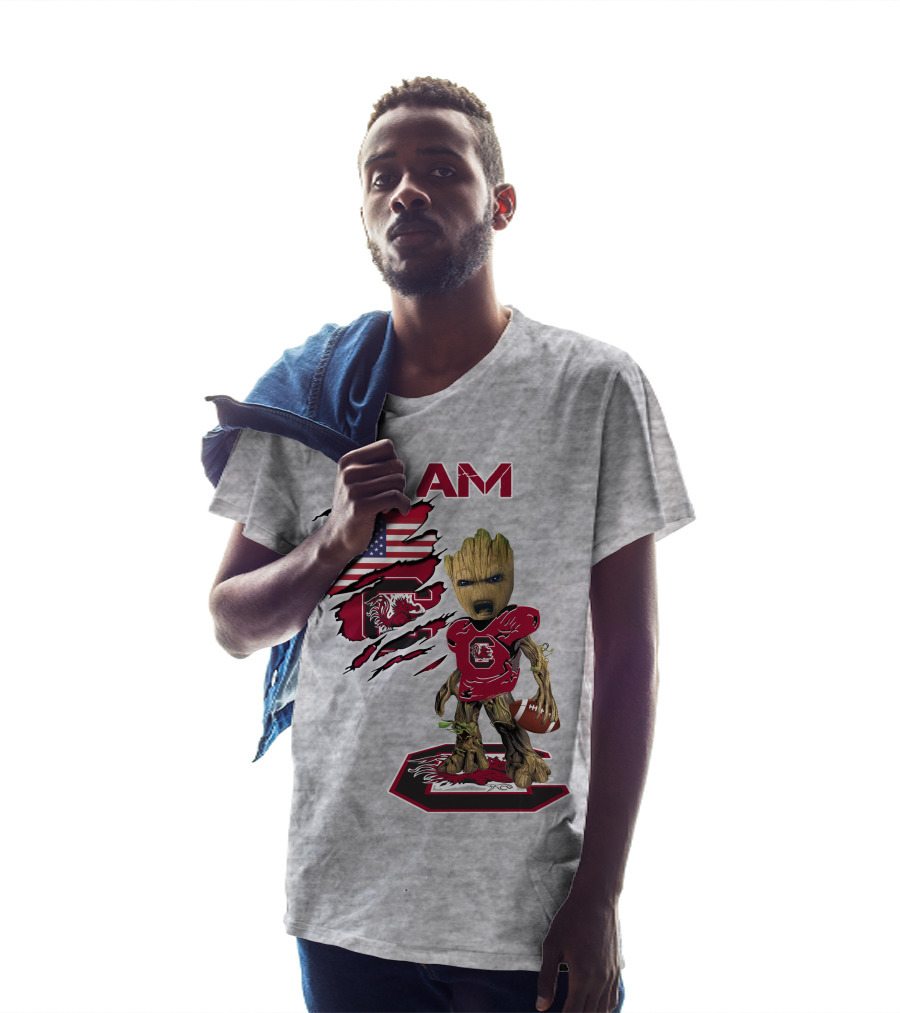 I Am Gamecocks Baby Groot Football American Flag T-Shirt