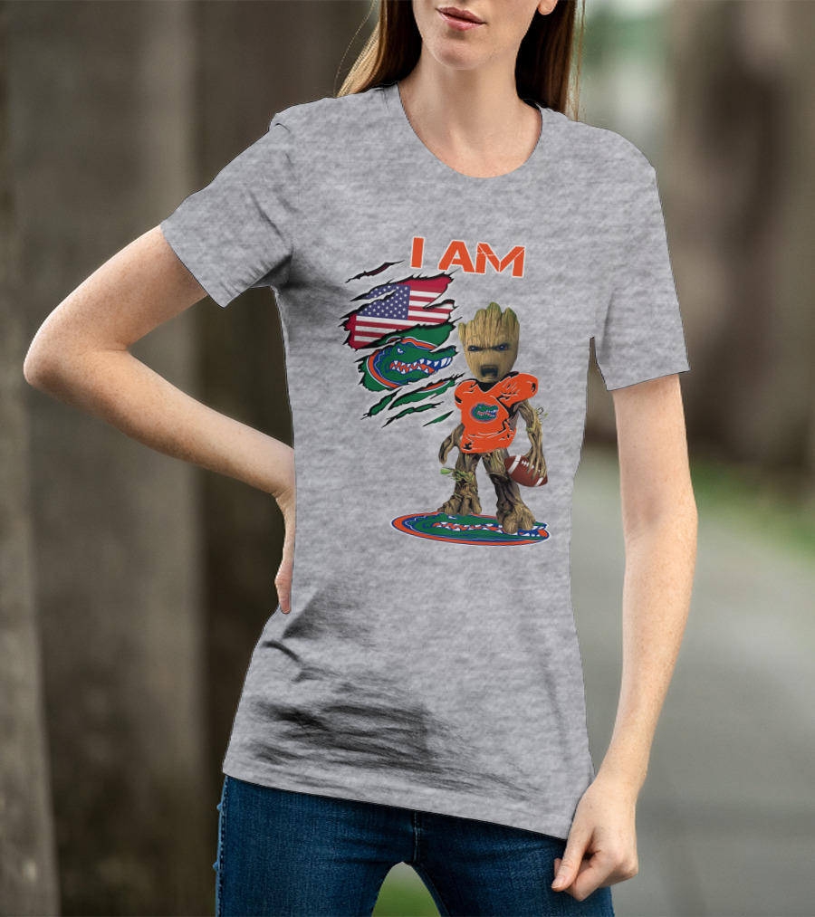 I Am Gators Baby Groot Holding Football With American Flag And Florida Gators T-Shirt