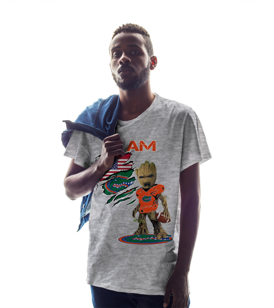 I Am Gators Baby Groot Holding Football With American Flag And Florida Gators T-Shirt