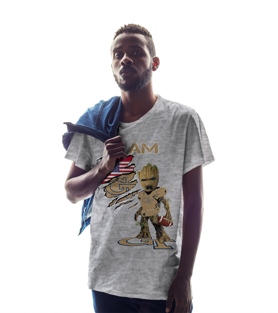 I Am Georgia Tech GT Baby Groot American Flag Football T-Shirt