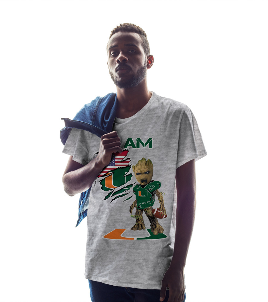 I AM Baby Groot Miami Hurricanes Football USA Flag T-Shirt