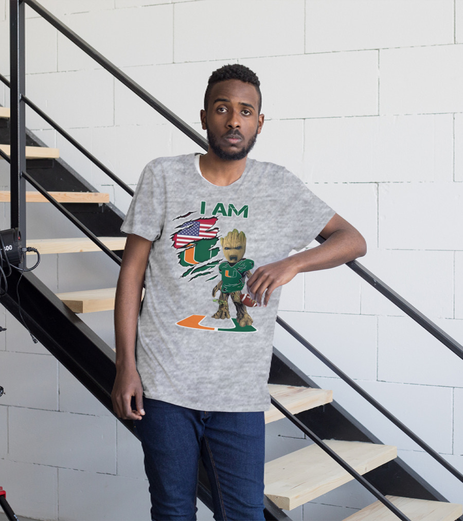 I AM Baby Groot Miami Hurricanes Football USA Flag T-Shirt