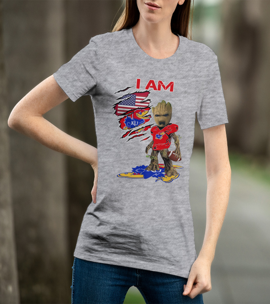 I AM KU Baby Groot Kansas Jayhawks Football Patriotic American Flag T-Shirt