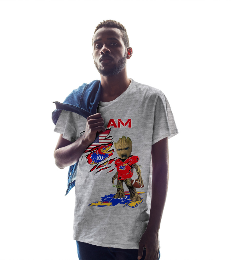 I AM KU Baby Groot Kansas Jayhawks Football Patriotic American Flag T-Shirt