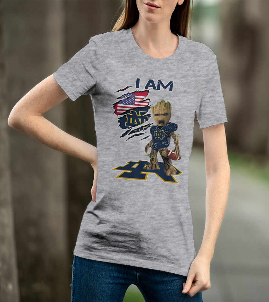 I Am Notre Dame Baby Groot American Flag Football T-Shirt