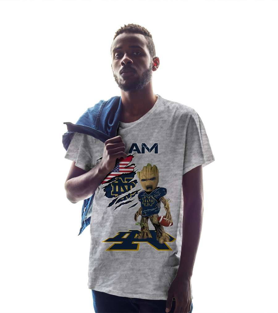 I Am Notre Dame Baby Groot American Flag Football T-Shirt