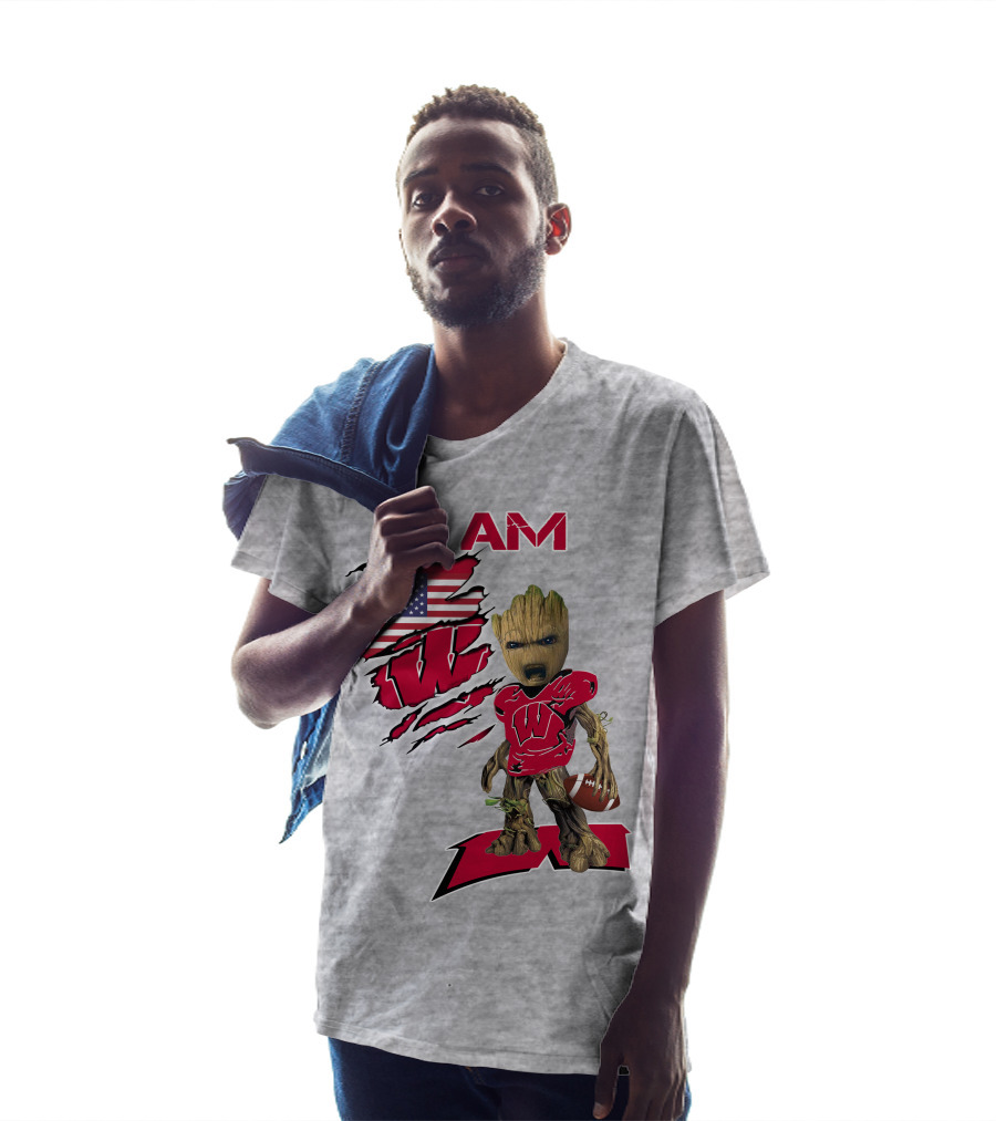 I Am Wisconsin Baby Groot Football W Logo American Flag T-Shirt