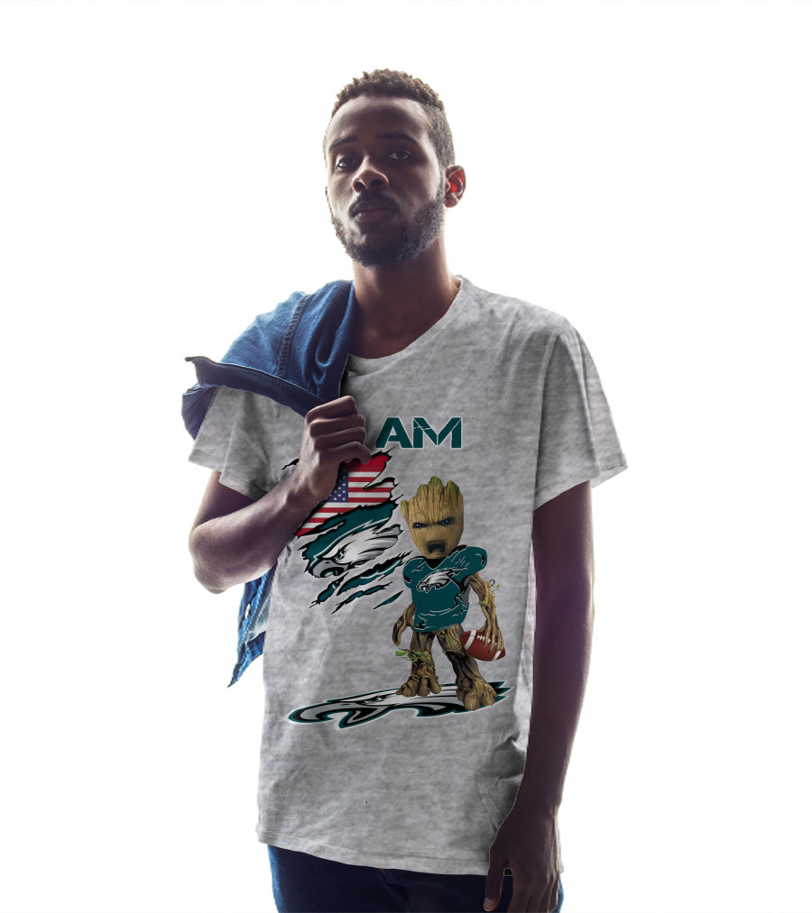 I Am Eagles Baby Groot Football American Flag T-Shirt