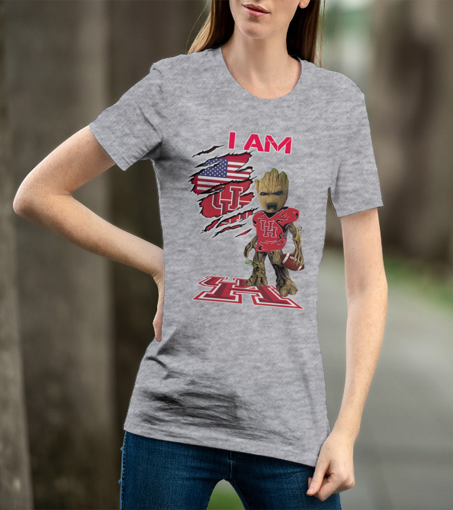 I AM Houtons Baby Groot UH Football American Flag Background T-Shirt