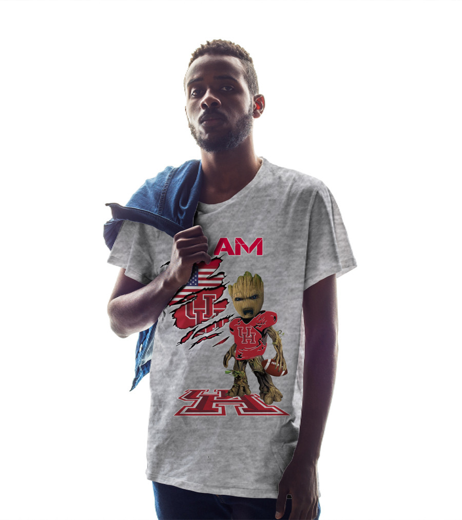 I AM Houtons Baby Groot UH Football American Flag Background T-Shirt