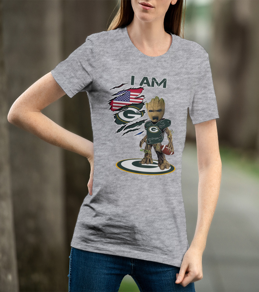 I Am Packers Baby Groot American Flag Football T-Shirt