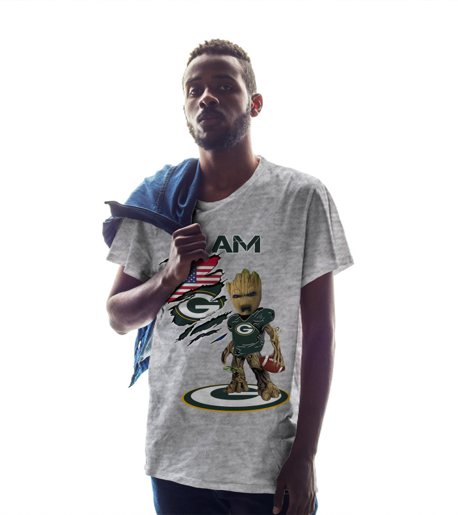 I Am Packers Baby Groot American Flag Football T-Shirt