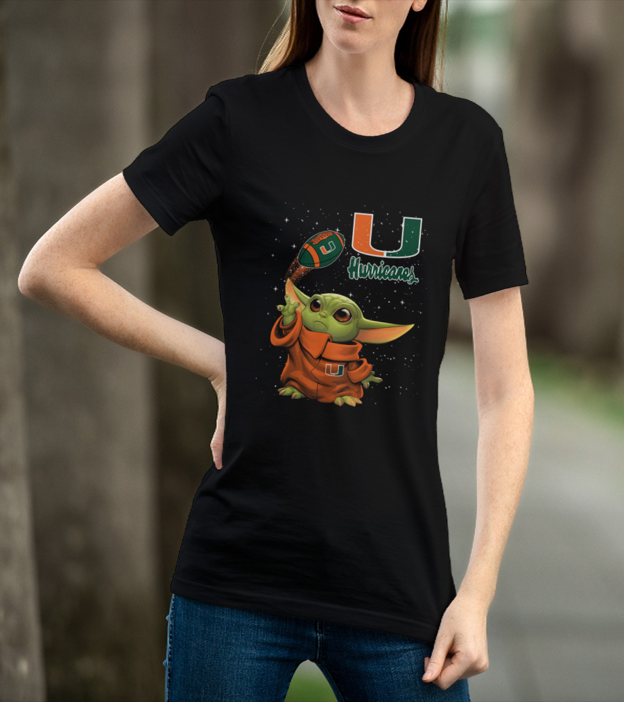 Baby Yoda Miami Hurricanes U Logo Football Starry Background T-Shirt