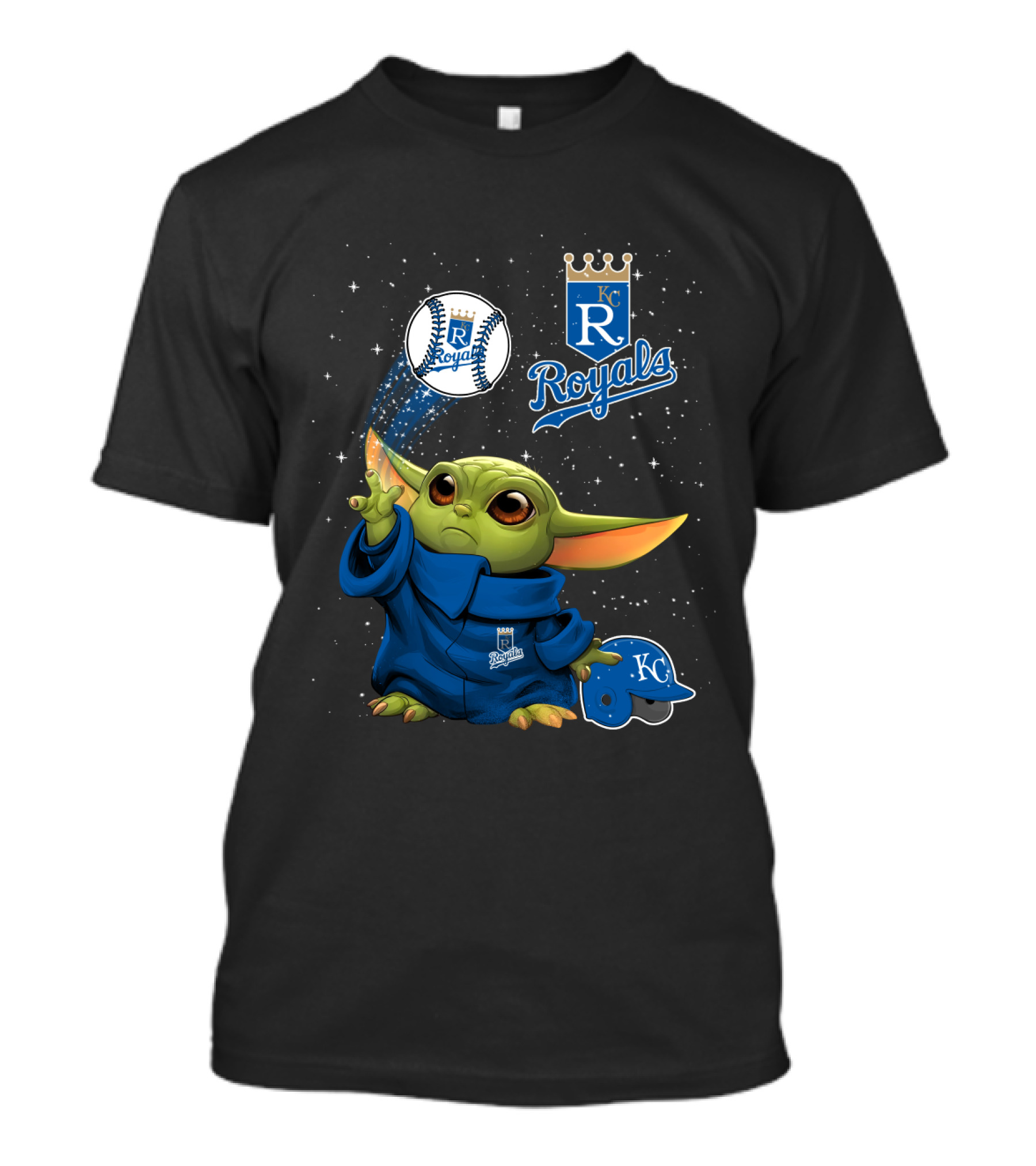 Kc Royals Starry Baseball Throw With Green Character In Blue Robe T-Shirt