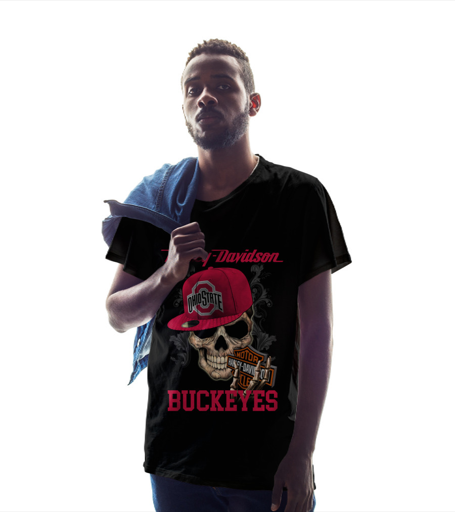 Harley Davidson Skull With Ohio State Buckeyes Cap And Motorcycle Elements T-Shirt