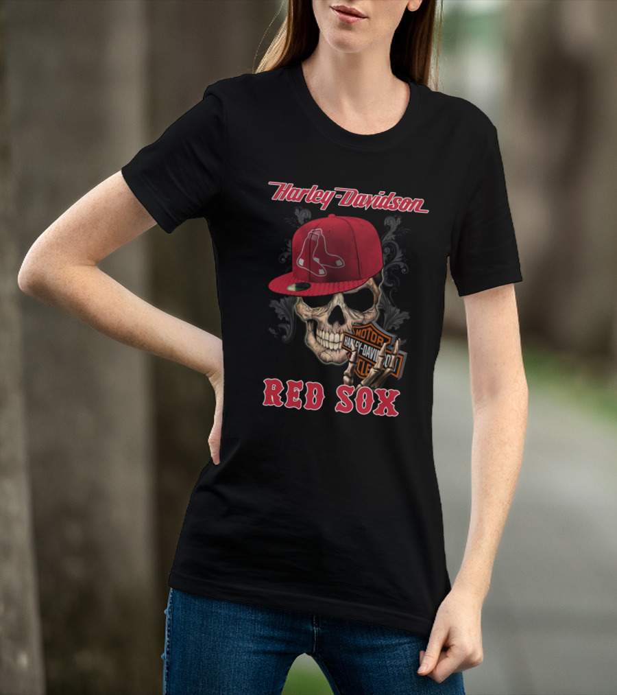 Harley Davidson Skull With Boston Red Sox Hat T-Shirt