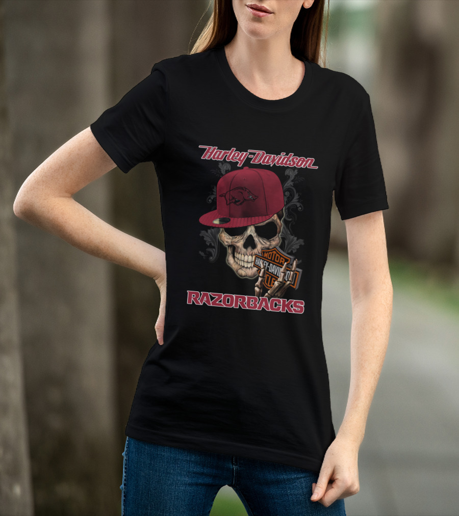 Harley Davidson Skull Arkansas Razorbacks Moto Club Hat T-Shirt