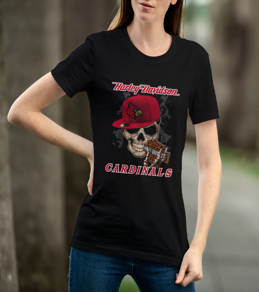 Harley Davidson Skull With Louisville Cardinals Hat T-Shirt