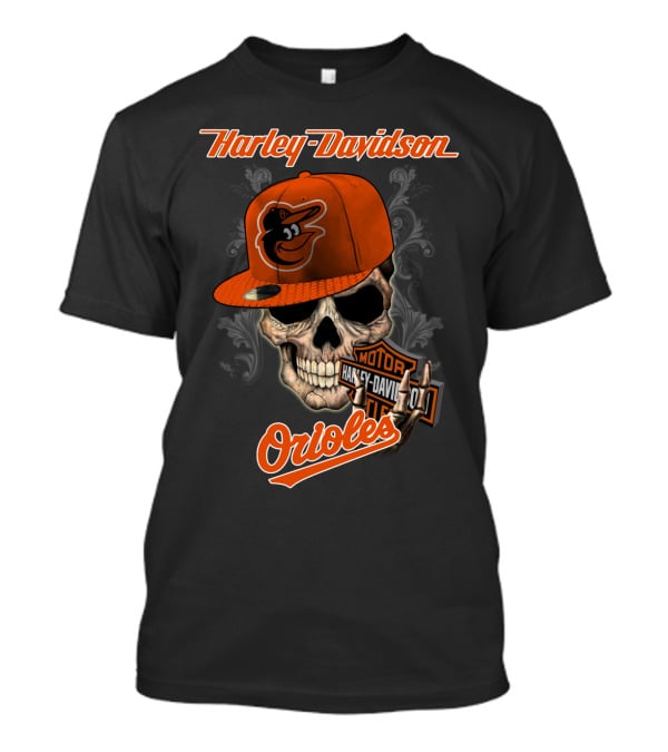 Harley Davidson Skull Wearing Baltimore Orioles Cap With Motor Badge T-Shirt