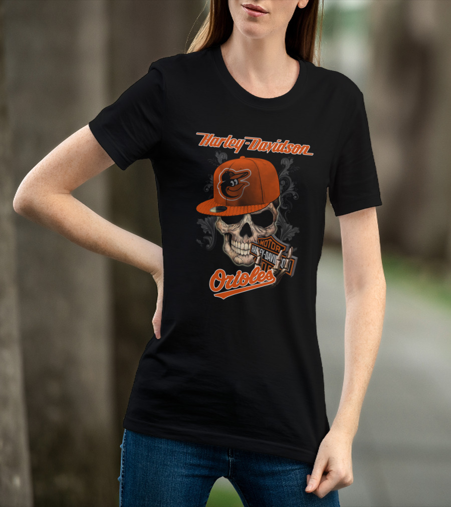 Harley Davidson Skull Wearing Baltimore Orioles Cap With Motor Badge T-Shirt