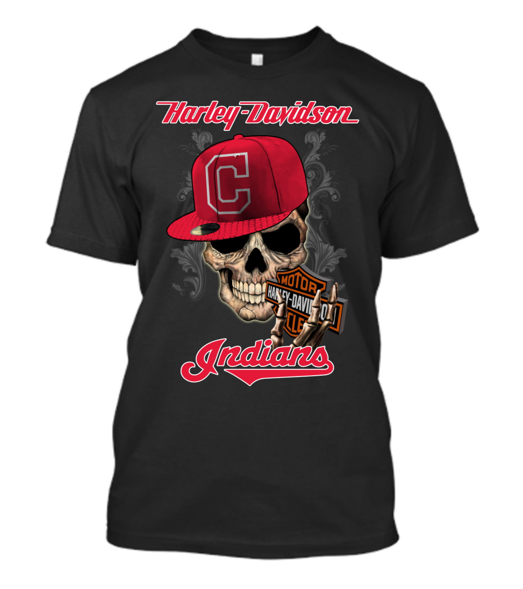 Harley Davidson Skull With Cleveland Indians Cap T-Shirt