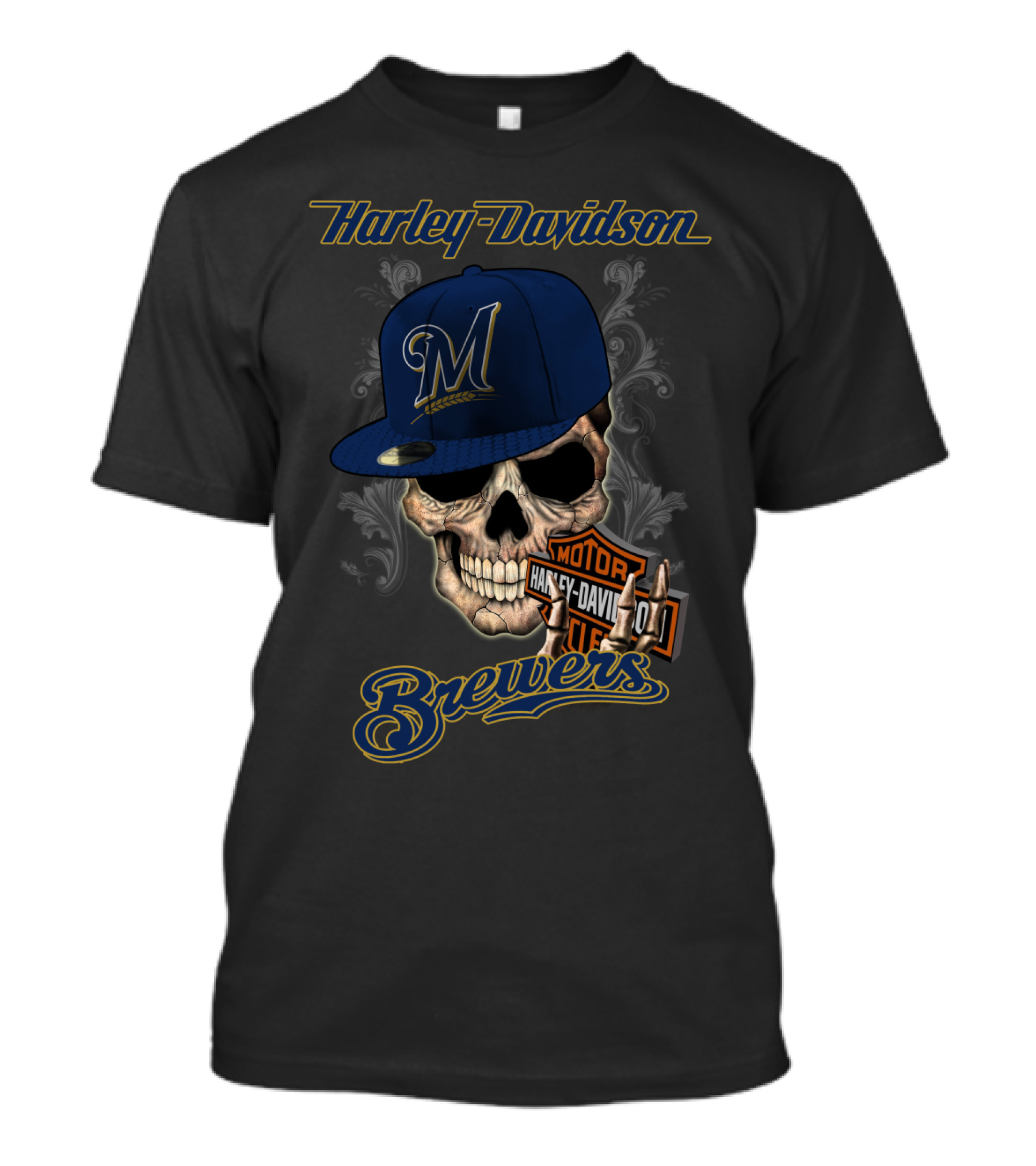 Harley Davidson Milwaukee Brewers Skull With Hat T-Shirt