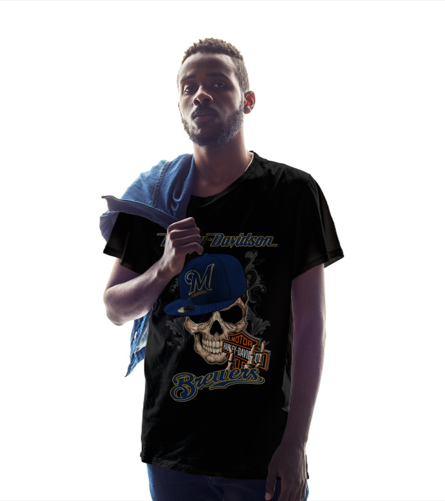 Harley Davidson Milwaukee Brewers Skull With Hat T-Shirt