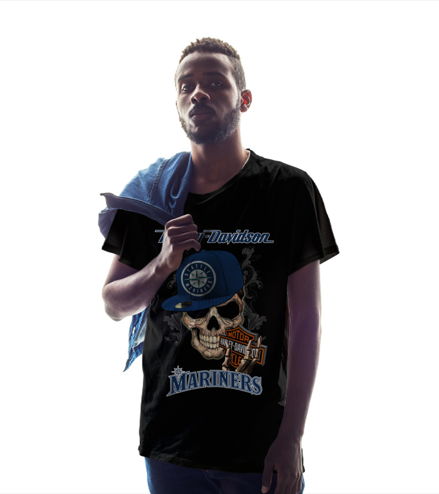 Harley Davidson Skull With Seattle Mariners Cap T-Shirt