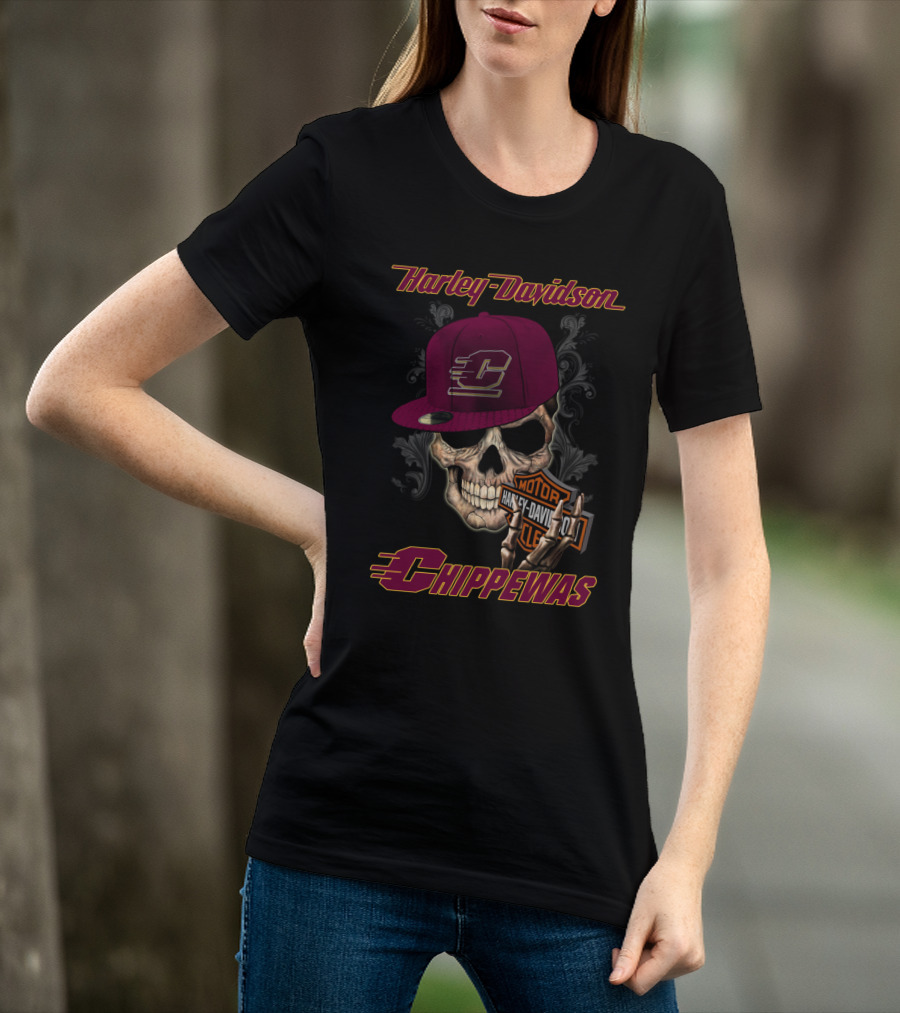 Harley Davidson Central Michigan Chippewas Skull With Cap T-Shirt