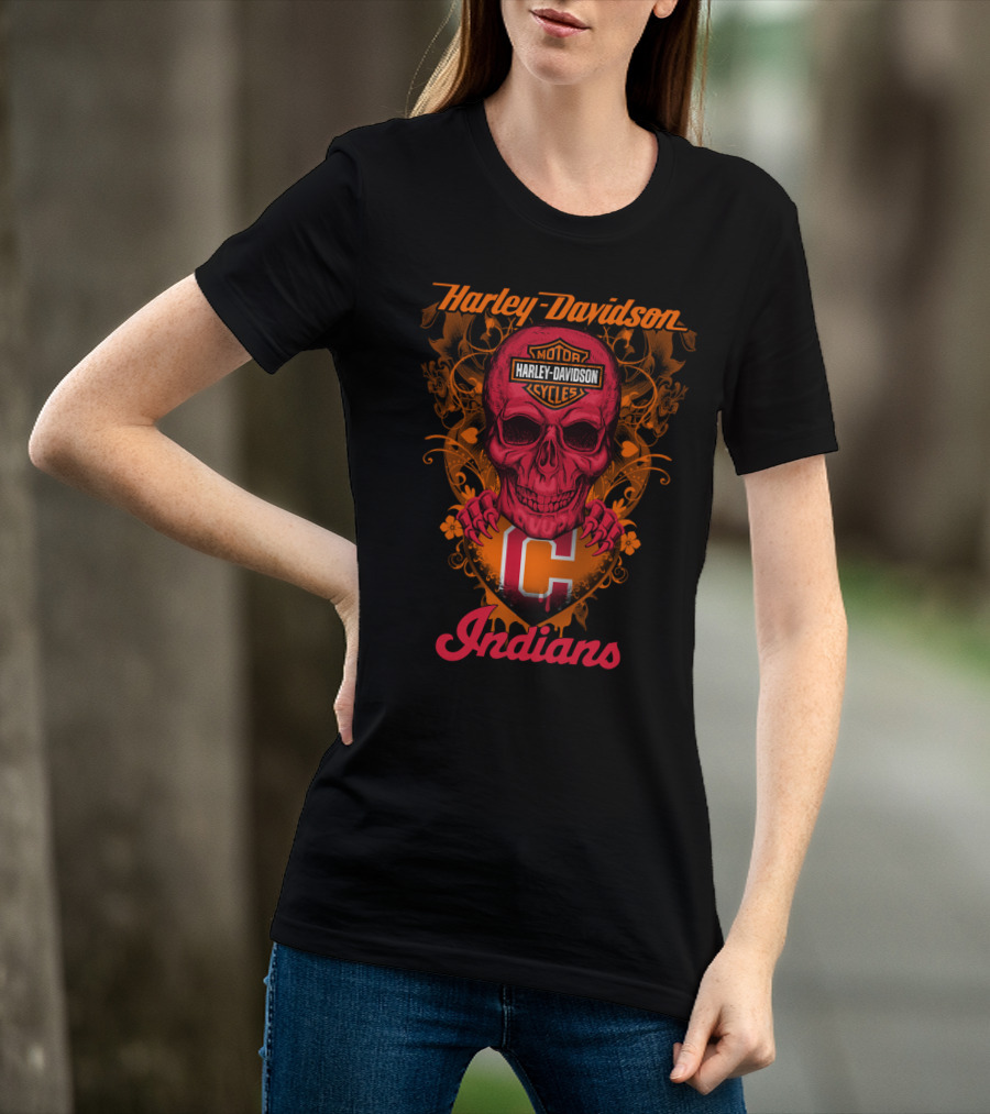Harley Davidson Motor Cycles Skull Cleveland Indians T-Shirt