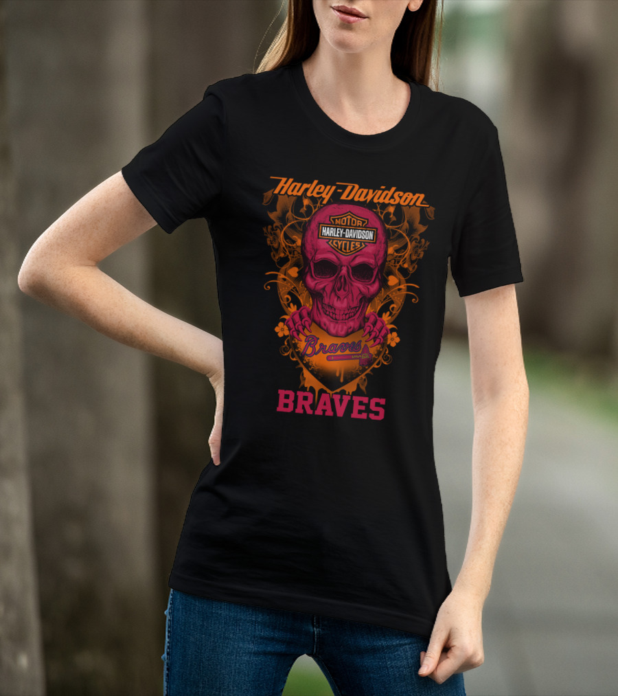 Harley Davidson Braves Skull Design With Motor Cycles T-Shirt