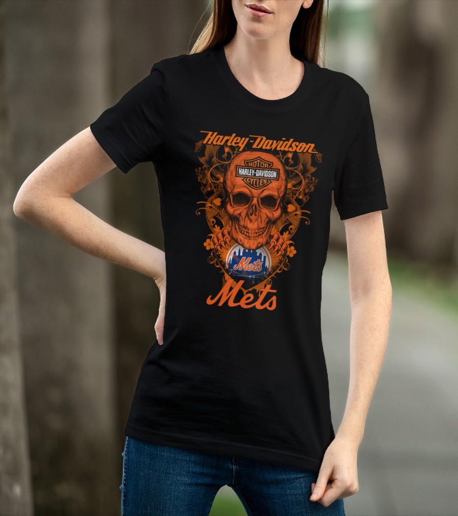 Harley Davidson Motor Cycles Skull New York Mets T-Shirt