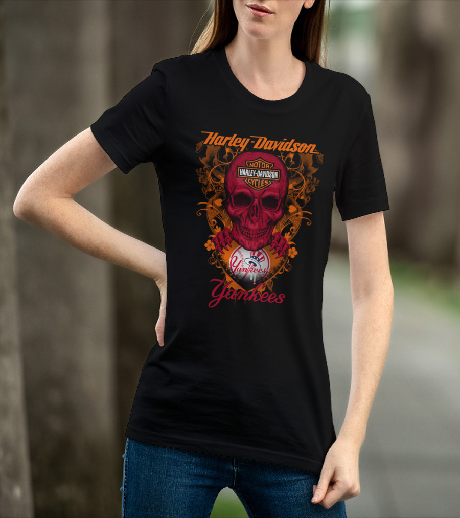 Harley Davidson Motor Cycles Skull Yankees T-Shirt