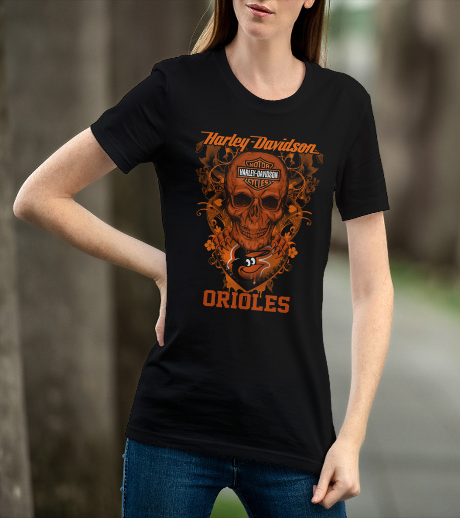 Harley Davidson Motor Cycles Orioles Skull T-Shirt