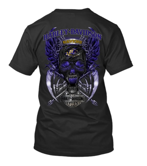 Harley Davidson Motor Cycles Ravens Baltimore L B Logo Skull And Wings T-Shirt