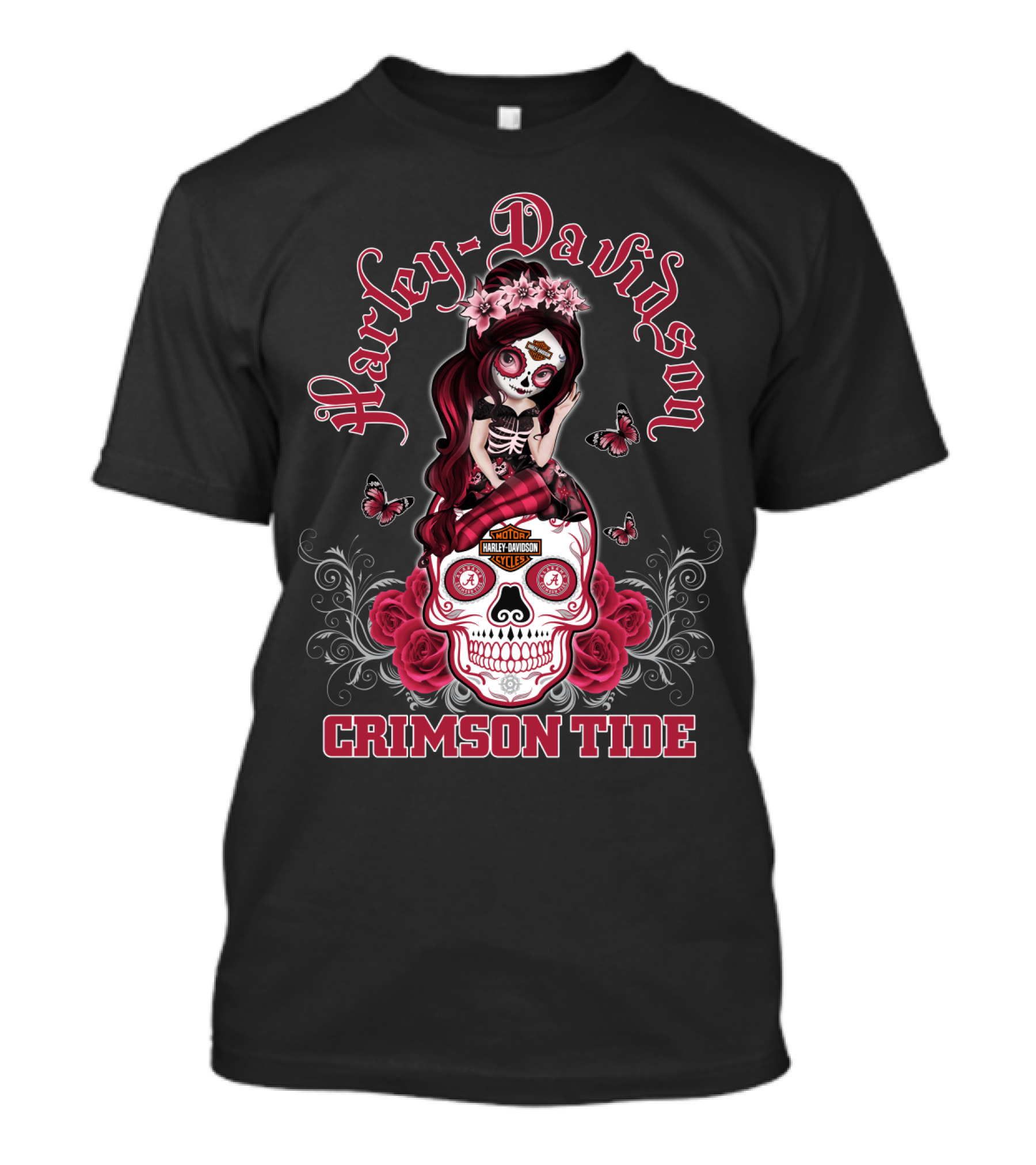 Harley Davidson Crimson Tide Skull Design With Hl Girl T-Shirt
