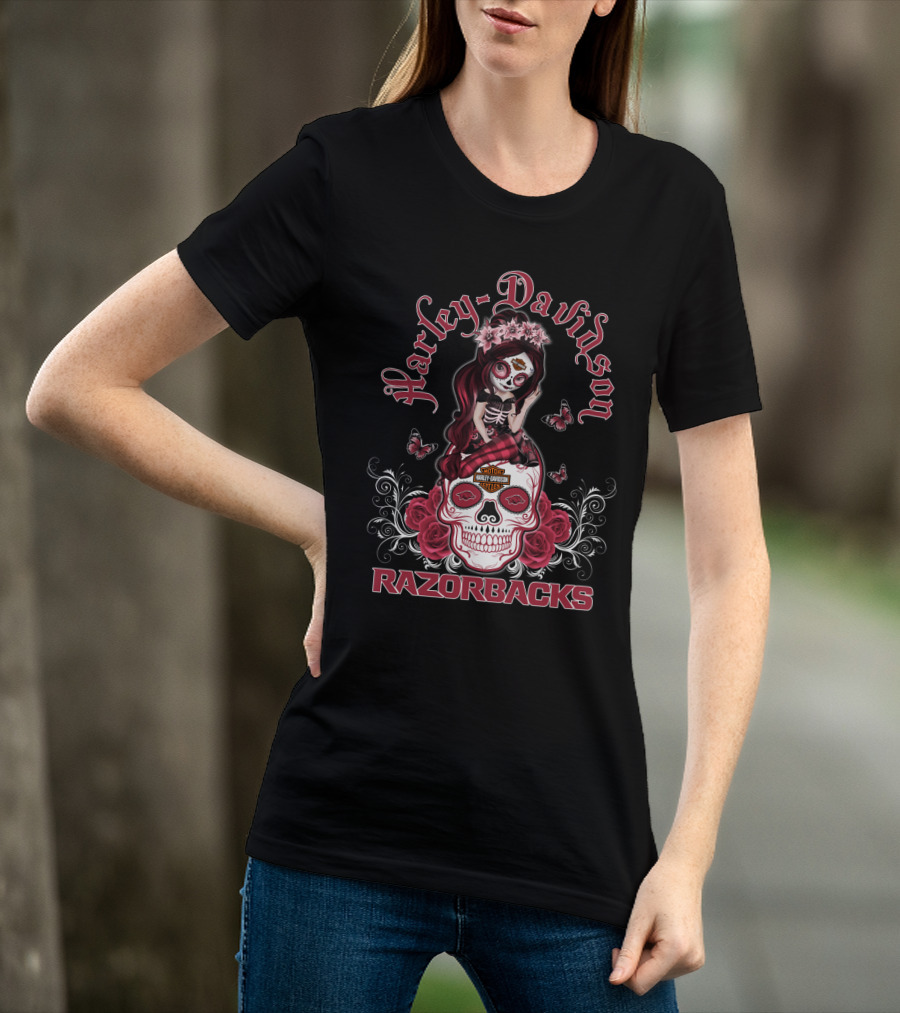 Harley Davidson Razorbacks Arkansas Girl Skull Roses Butterflies T-Shirt