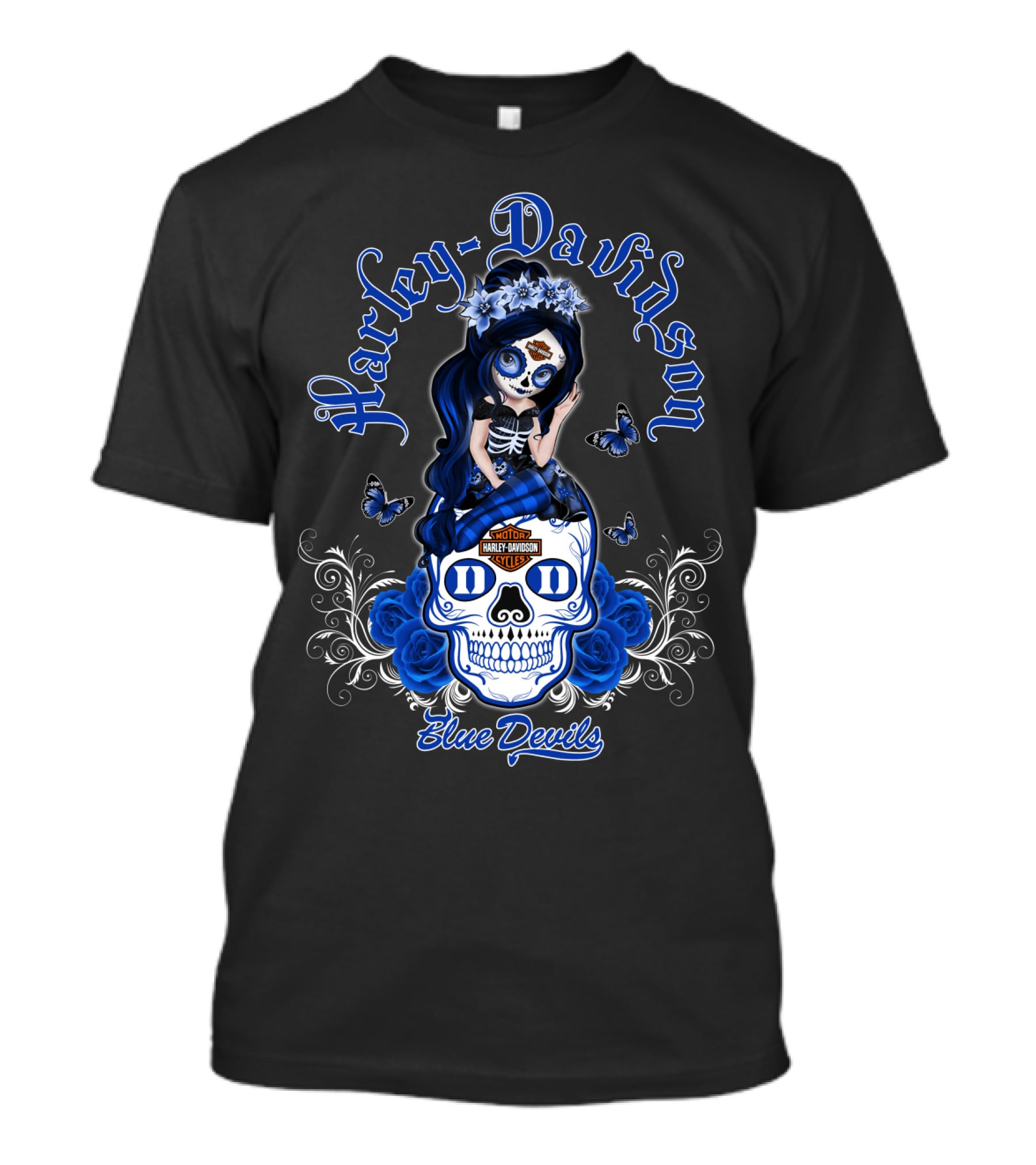 Harley Davidson Blue Devils Skull Art With Butterflies And Roses T-Shirt