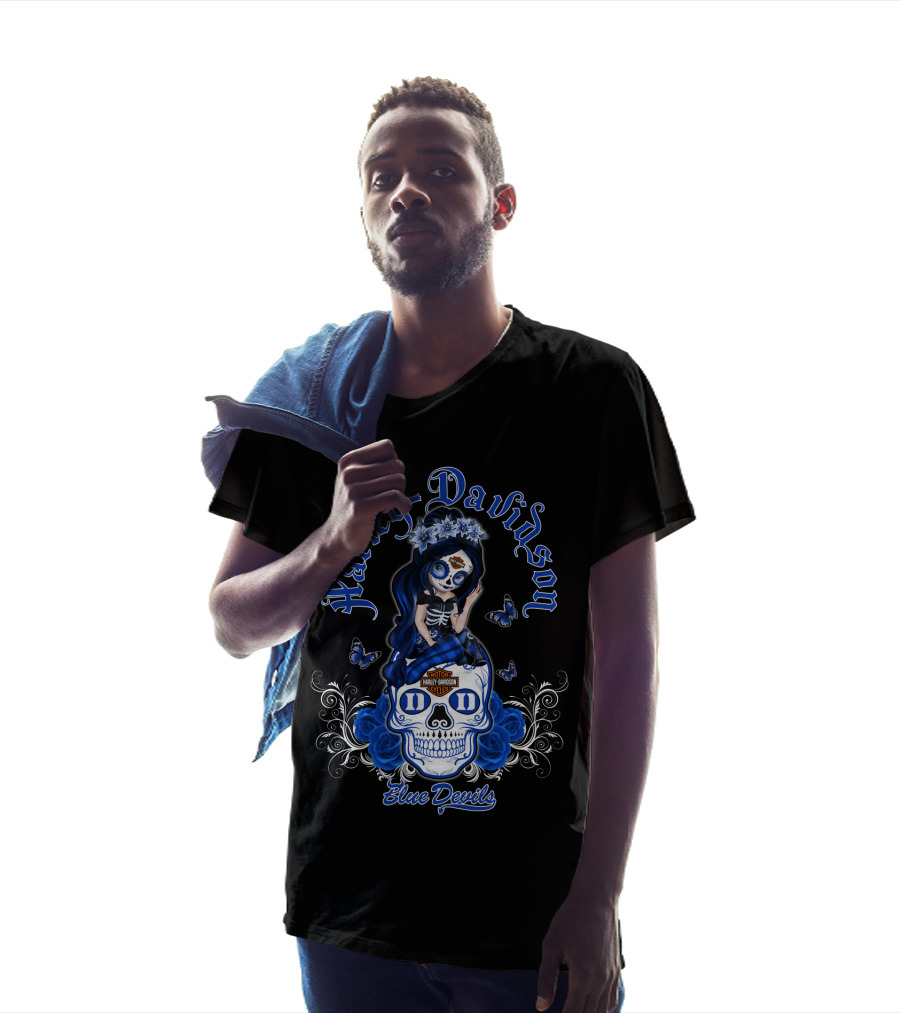 Harley Davidson Blue Devils Skull Art With Butterflies And Roses T-Shirt