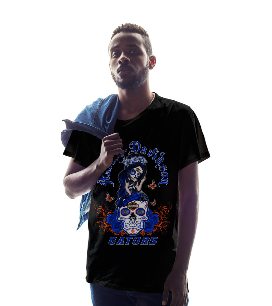 Harley Davidson Florida Gators Skull With Blue Roses And Butterflies T-Shirt
