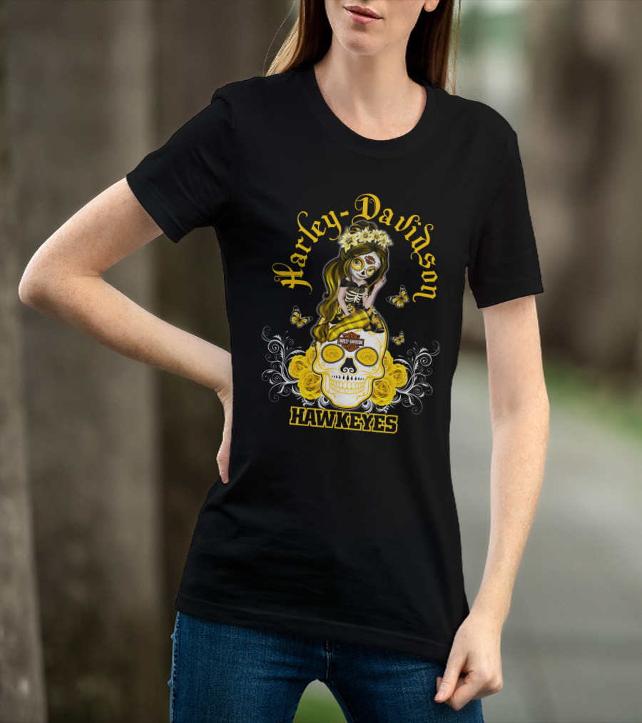Harley Davidson Iowa Hawkeyes Day Of The Dead Girl With Skull And Butterflies T-Shirt