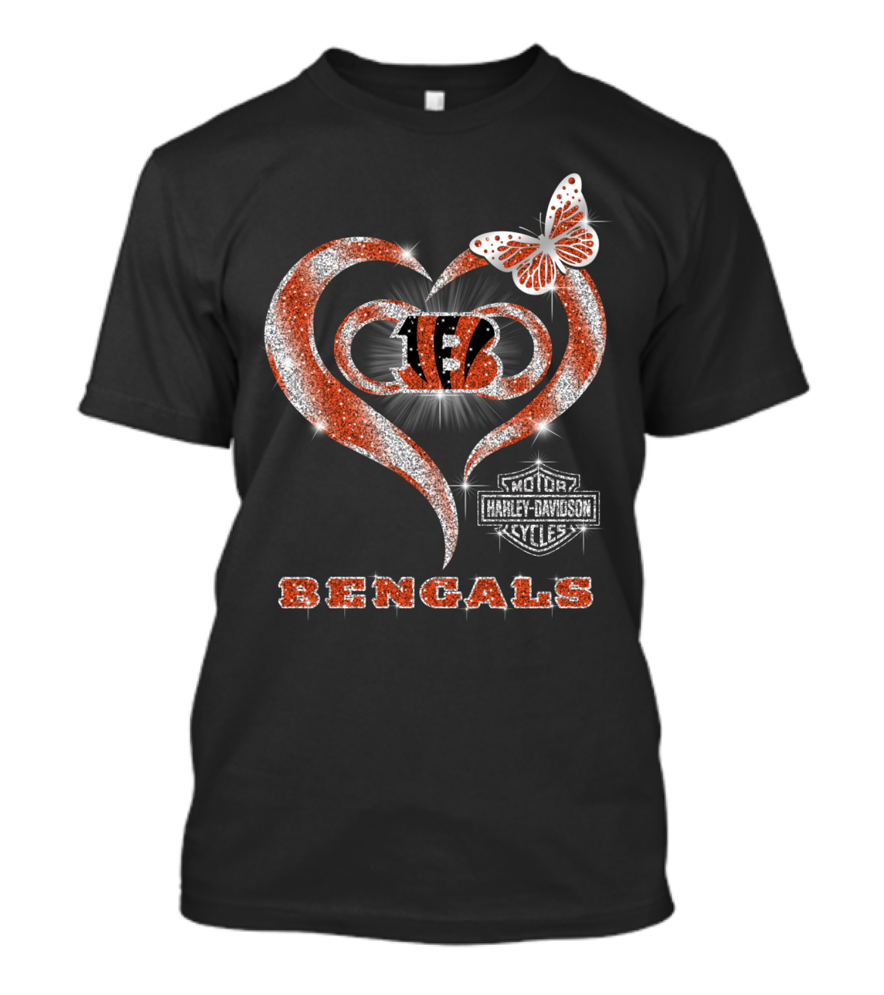 Cincinnati Bengals Heart Harley Davidson Butterfly T-Shirt