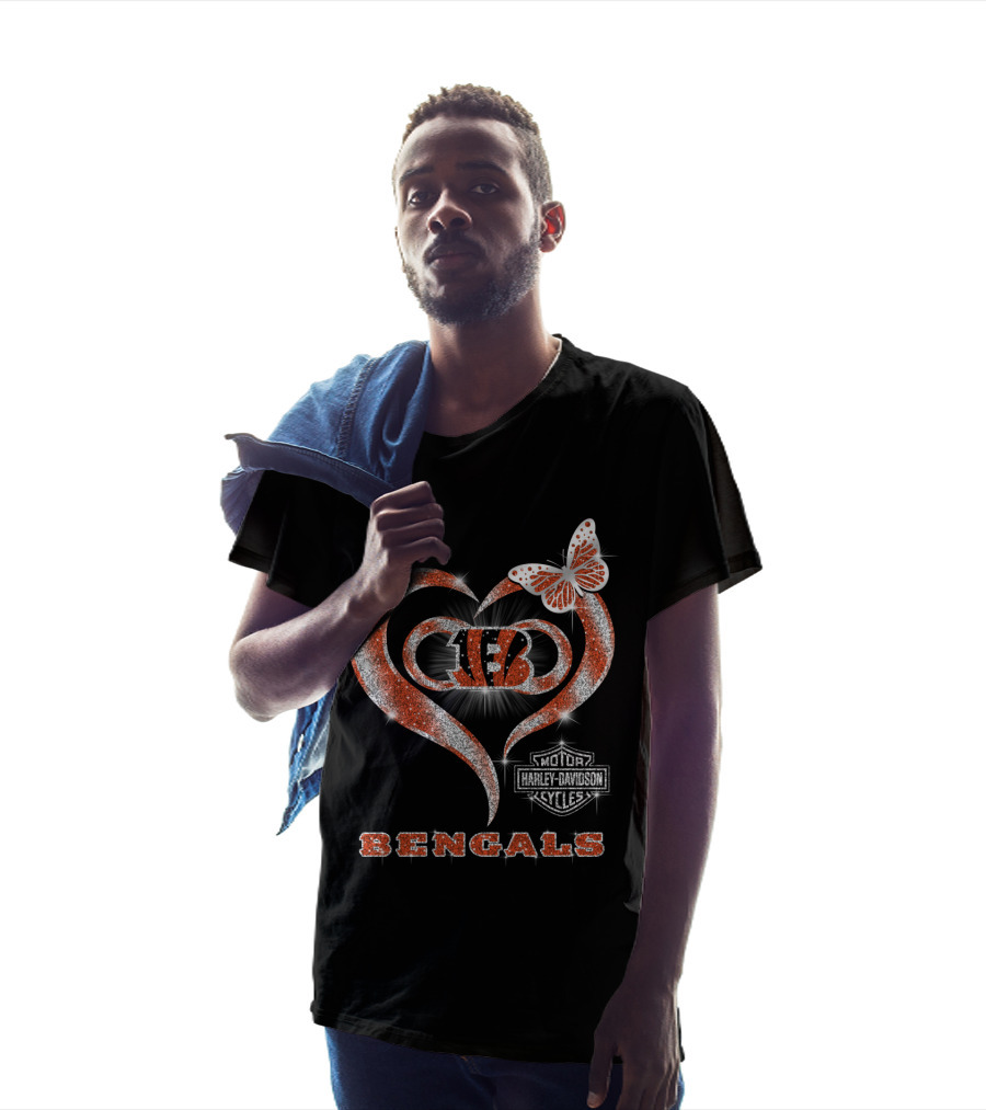 Cincinnati Bengals Heart Harley Davidson Butterfly T-Shirt