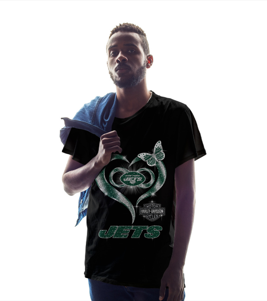 New York Jets Harley Davidson Heart And Butterfly Sparkle T-Shirt